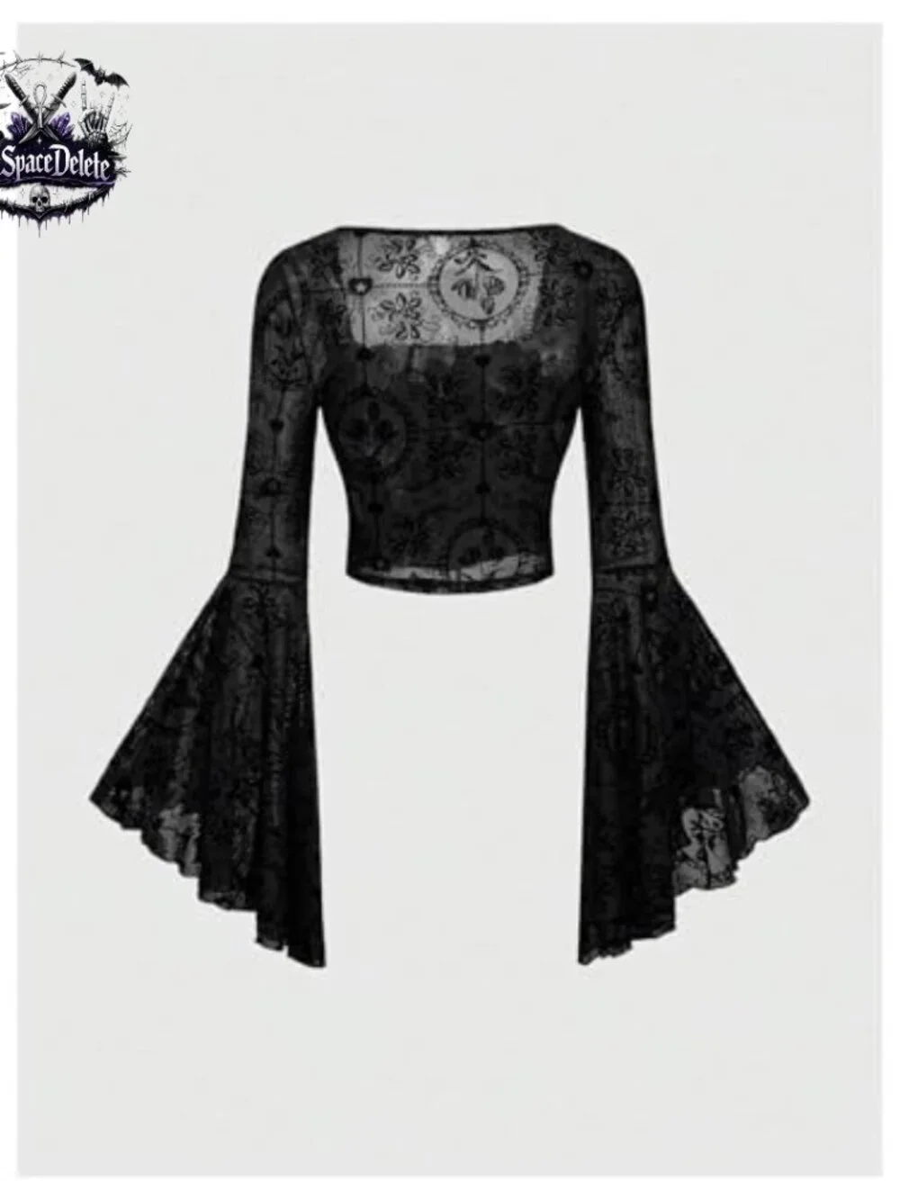 Goth Bell Sleeve Crop Top with Lace-Up Waist, Polyester Blend, Long Sleeve_3